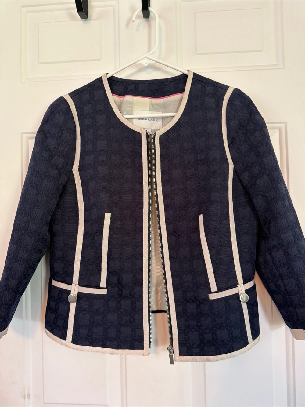 Banana Republic Navy Quilted Zip-Front Jacket with Cream Trim
